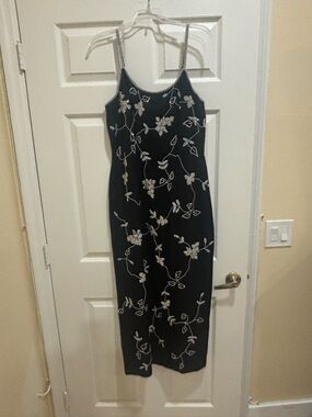 Papell Boutique Black Midi Slip Dress with White Floral Embroidery